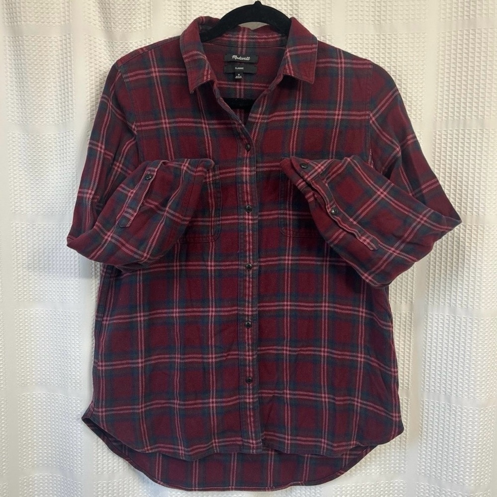 Madewell Burgundy and Navy Plaid Women's Classic Flannel Shirt Size Medium